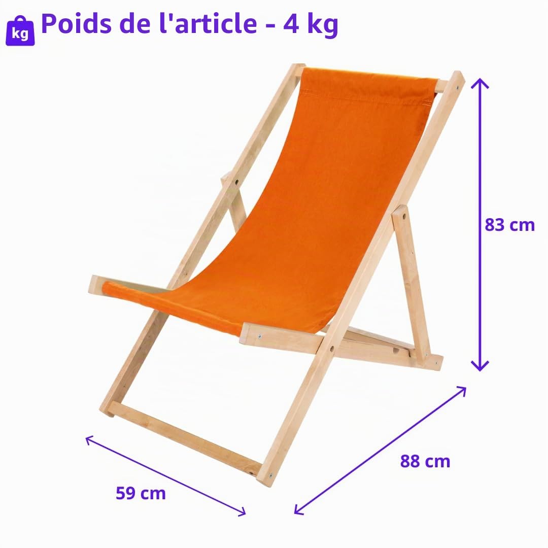Chaise Longue Pliante en Bois Orange - Transat chilienne en hêtre Robuste 120 kg - Relax Pliable pour Jardin, Balcon, terrasse, Plage & Camping