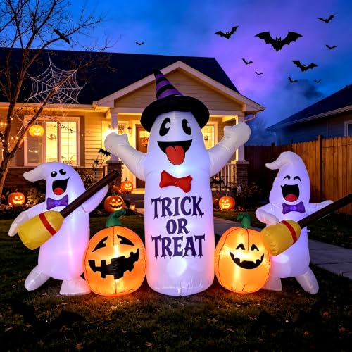 Image of 8FT Halloween Inflatable Ghosts with Broom & Pumpkins, LED Yard Decor