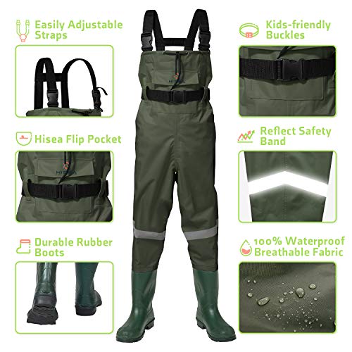 Hisea Kids Chest Waders Nylon/Pvc Youth Fishing Waders For Toddler & Children Waterproof Hunting Waders With Boots & Reflect Safety Band #TOP2