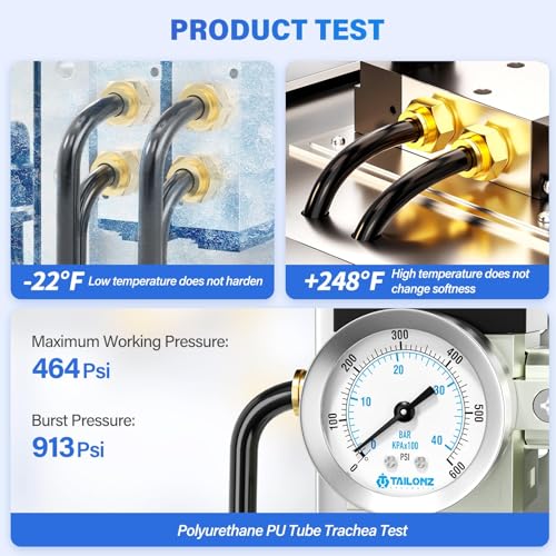 Image of TAILONZ Pneumatic Black 1 /4 inch OD 32 Meter 100ft PA12 Nylon Air Tubing Kits,Pipe Hose Air Line Tubing, Push-to-Connect DOT Brass Fittings (29PCS)