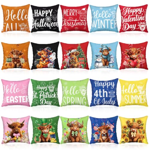 Mindsoft 20 Pcs Holiday Pillow Covers 18 x 18 Easter Pillow Cover Spring Summer 250th Anniversary Pillowcase Decorative Seasonal Cushion Case for Farmhouse Home Sofa(Highland Cow)