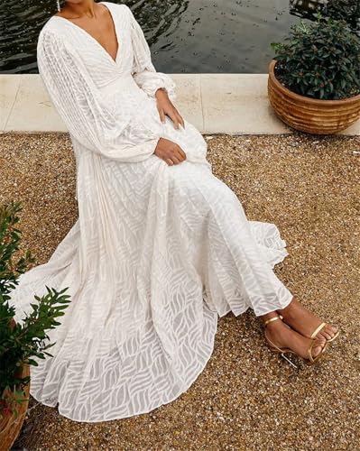 Qikaka Women's Long Puff Sleeve Deep V Neck Ribbed A-Line Sexy Nightclub Party Long Dress4