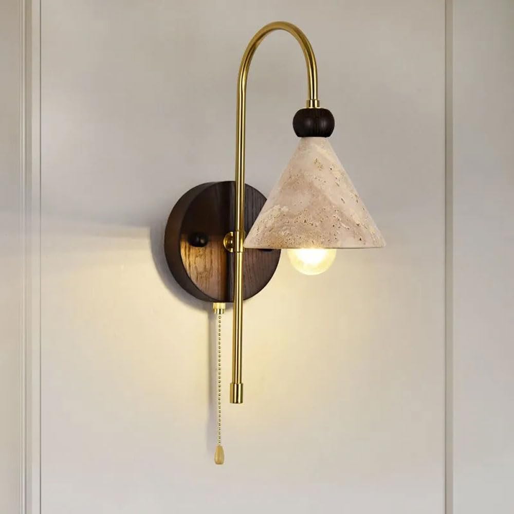 SXSCARKX Wabi Sabi Vintage Light Fixture For Reading Room Modern Bedroom Wall E27 Yellow Travertine Sconce French Bathroom Vanity With Pull Chain Funnel Shape Bedside Lamp