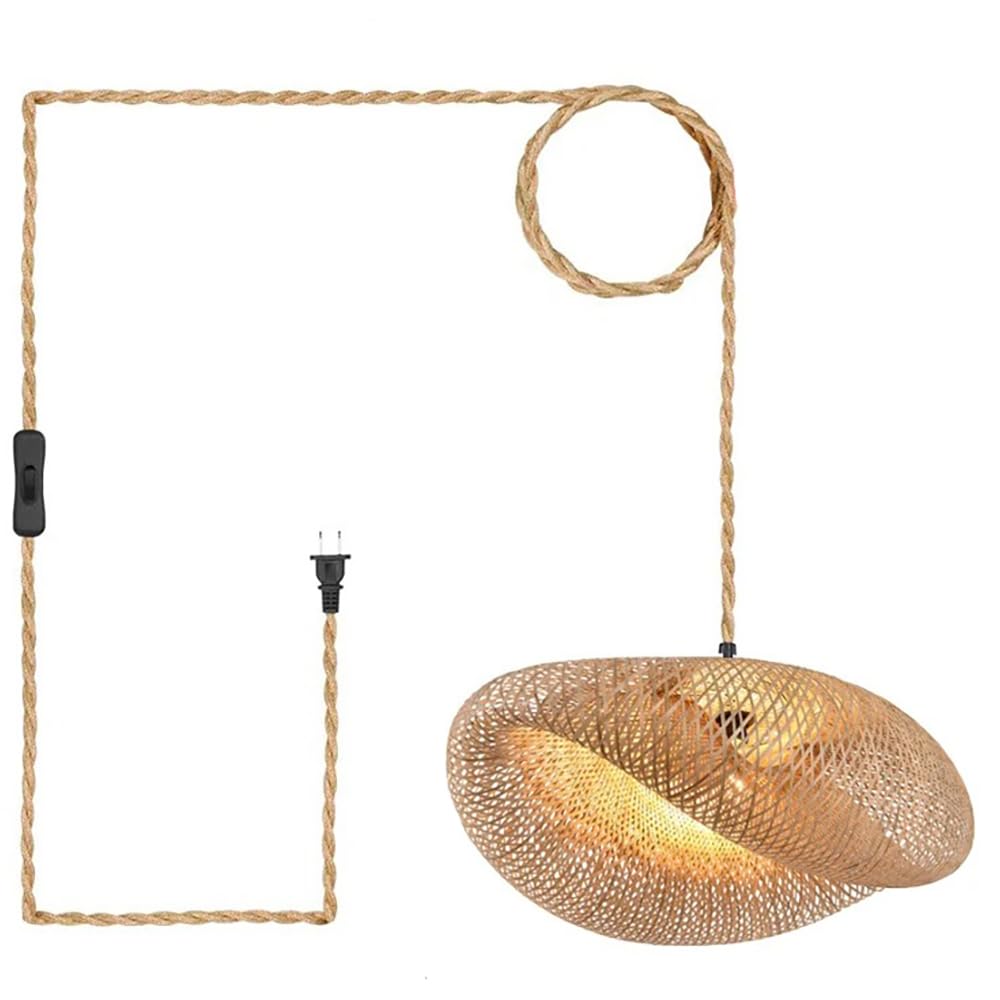 Plug In Pendant Light Hanging Lights With Plug In Cord Hanging Lamp Boho 15ft Rattan Dimmable Wicker Bamboo Woven Lamp Shade Hemp Rope Plug In Ceiling Light Fixture For Living Room Bedroom Farmhouse