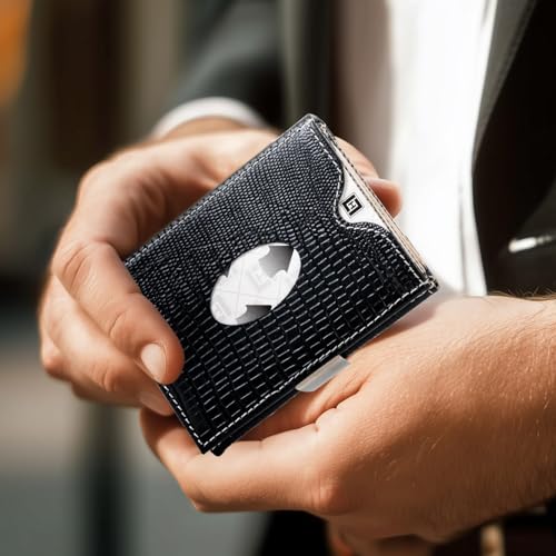 Image of LLH Leather Trifold Wallet - RFID Blocking with Stainless Steel Locking Clip Wallet, Minimalist Front Pocket RFID Blocking Credit Card Holder (Black-B)