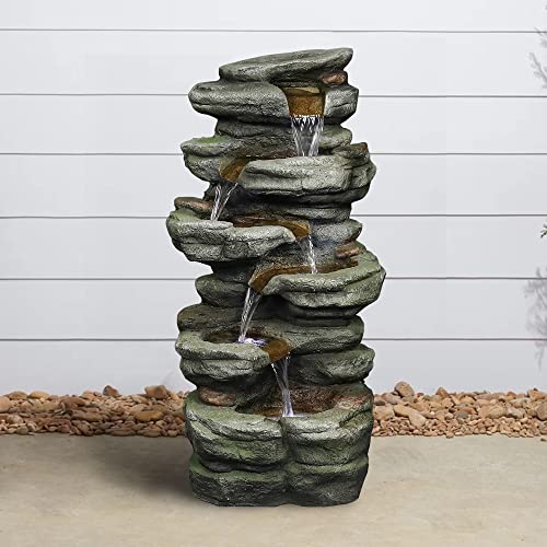 Rock Falls Outdoor Water Fountain W/led Lights Feature for Patio Grey Modern Contemporary Polyresin