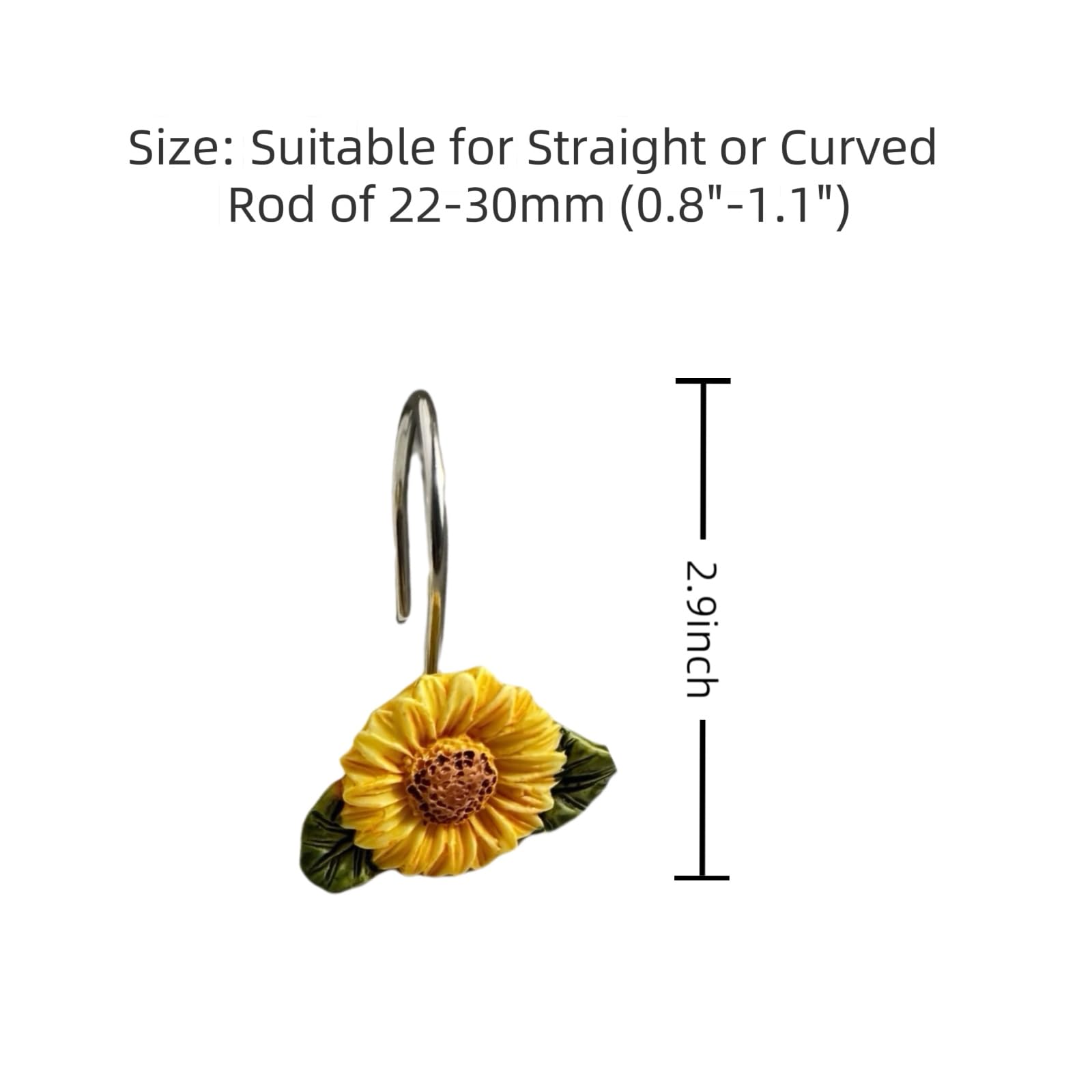 Sunflower Shower Curtain Hooks Decorative 12 pcs,Suitable for Straight or Curved Rod of Diameter 0.8