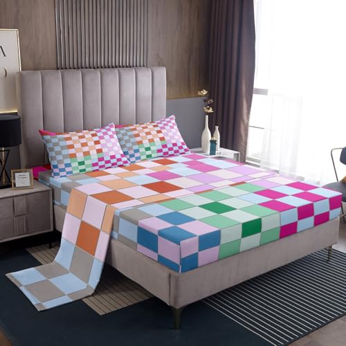 Image of Colorful Buffalo Plaid Bed Sheets King Geometric Grid Checkered Sheet Set Rainbow Ombre Checkerboard Bedding for Kids Boys Girls Women,Groovy Aesthetic 1 Fitted Sheet 1 Flat Sheet 1 Pillow Case