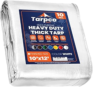 Tarpco Safety - Tarpaulin Waterproof Heavy Duty(190 g/m²|10 X 12 | 3m X 3.65m|White-10 Mil) UV Resistant, Tear Proof, Protective Poly Tarpaulin with Reinforced Edges for Multi-purpose usage
