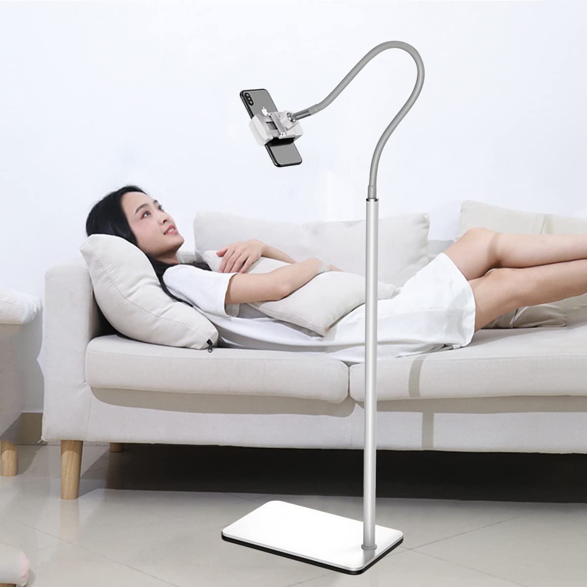 BKHsgDXJ Phone stand 360 Swivel Stronger Gooseneck Floor Phone Stand,Suitable for Devices Less Than 6.5Inch(White)