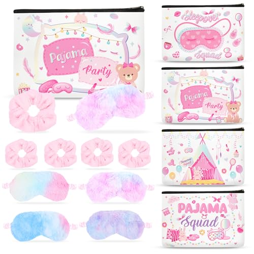 Sleepover Party Supplies for Girls - 12Pcs Sleepover Party Favors with Plush Sleep Eye Mask, Hair Scrunchies, Sleep over Squad Makeup Bags, Slumber Spa Pajama Supplies