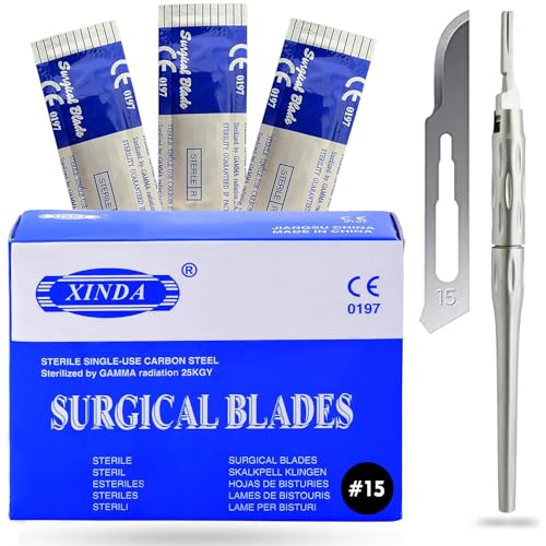100 Blades #15 Scalpel Blades for Knife Scalpel High Carbon Steel Dermablade Blades Individually Wrapped Sterile + 1 Adjustable Scalpel Handle #3 with 180° Rotation Blade Holder for Precise Cutting