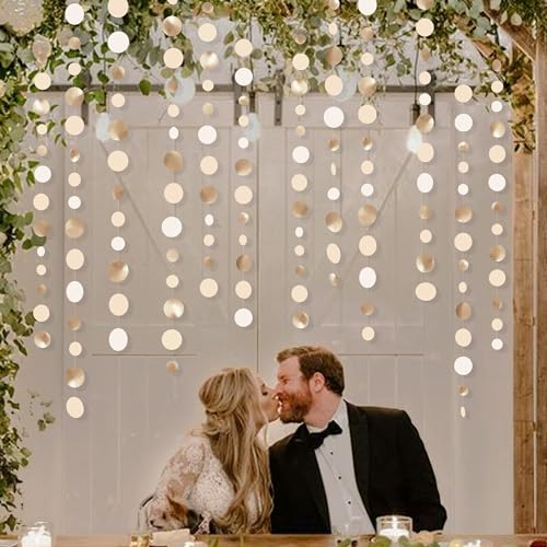 46Ft Champagne Gold Circle Dots Garland Party Decorations Gold Cream Beige Hanging Paper Polka Dots Streamer for Birthday Wedding Bridal Baby Shower Bachelorette Anniversary Boho Party Decoration - Image 4