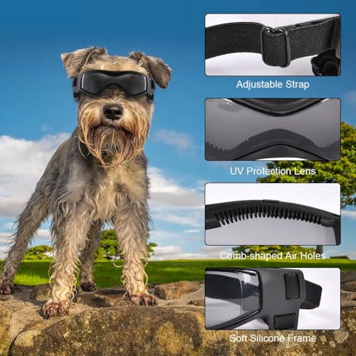 Adiwo Hundebrille,Wasserdicht Hundeschutzbrille mit Hundehalstuch Anti-UV Schutz Hunde Sonnenbrille mit Einstellbar Gummiband Winddichte Schutzbrille Motorradbrille für Kleine Mittelgroße Hunde -S