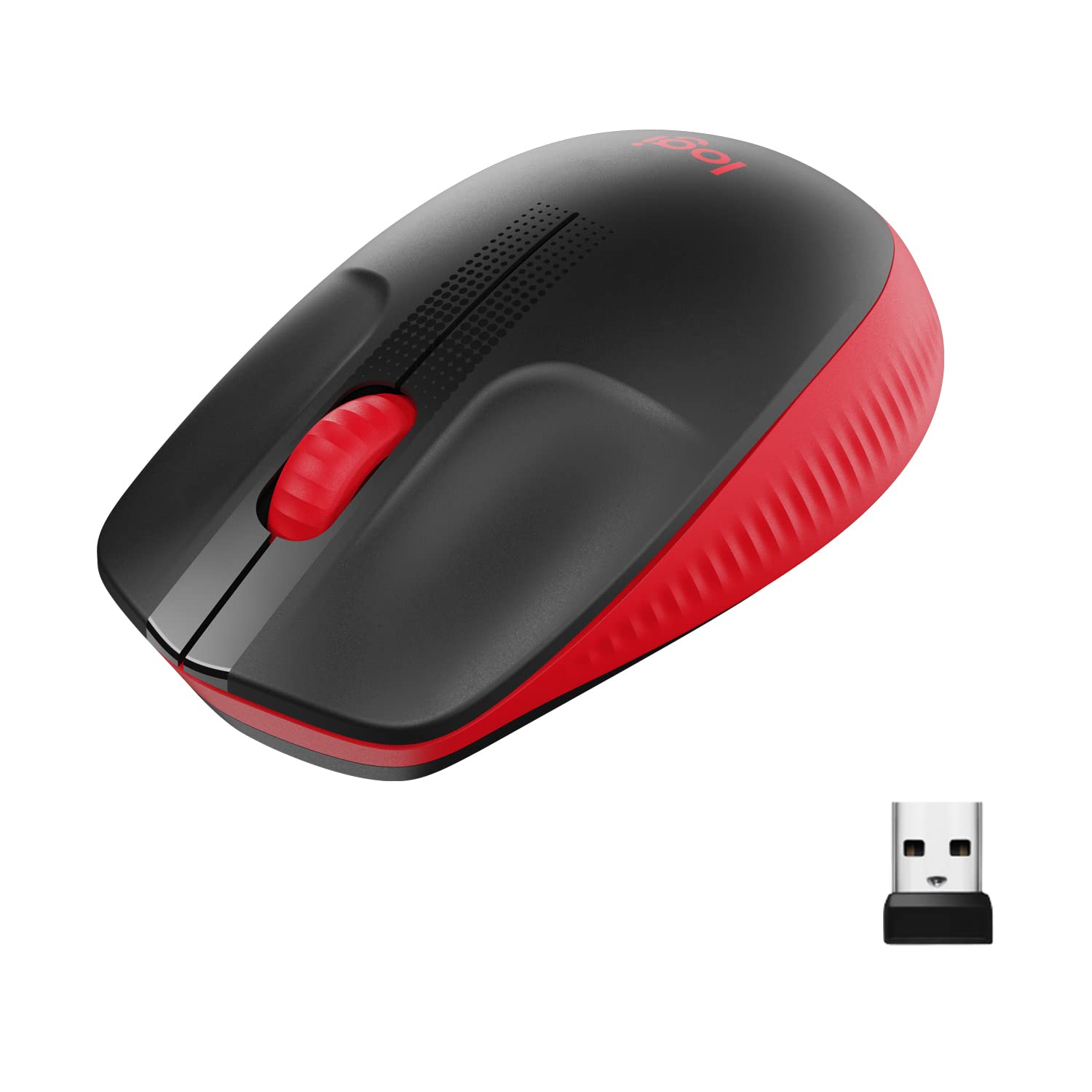 Logitech M190 kablosuz fare, iki elle kullanım için kavisli tasarım, 18 ay pil ömrü artı güç tasarrufu modu, USB alıcısı, geniş tekerlek ve tuşlar sayesinde hassas kontrol - kırmızı