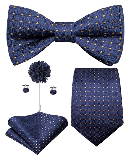 Image of Hi-Tie 5Pcs Mens Solid Color Silk Tie Satin Pretied Bowtie Lapel Pin for Men Handkerchief Cufflink Wedding Gift Box