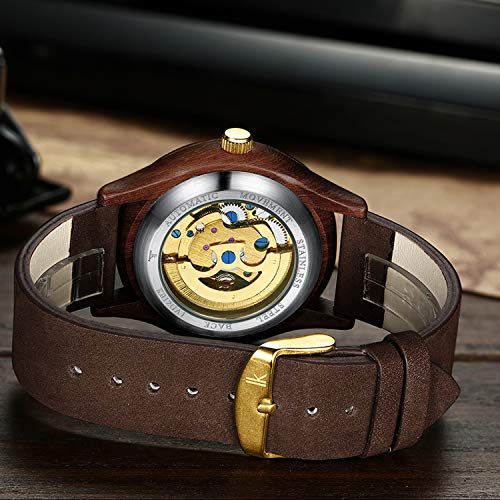 Image of IK COLOURING Men's Watches Luxury Mechanical Wooden Case Skeleton Lumious Automatic Self-Winding Lightweight Genuine Leather Bracelet /Wood Band Wrist Watch