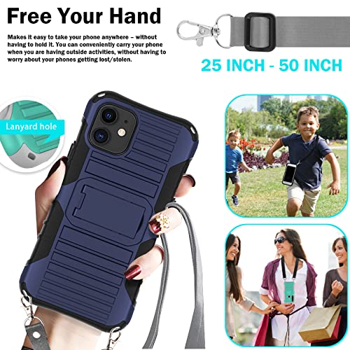 E-Tree Compatible With Iphone 12 Mini Case Cross Body Strap And Stand,2 In 1 Shockproof Hybrid Hard Pc & Soft Rubber, Crossbody Lanyard Perfect For Go Outside And Kid Elderly(Blue) #TOP6