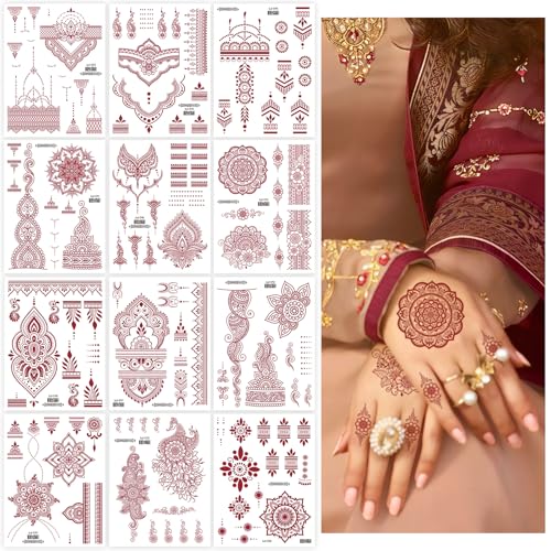 HZHSGLY 12 Sheets Temporary Tattoos Temporary Tattoos for Women Indian Red Tattoo Stickers Waterproof Fake Tattoos for Neck Chest Arms Legs (Red)