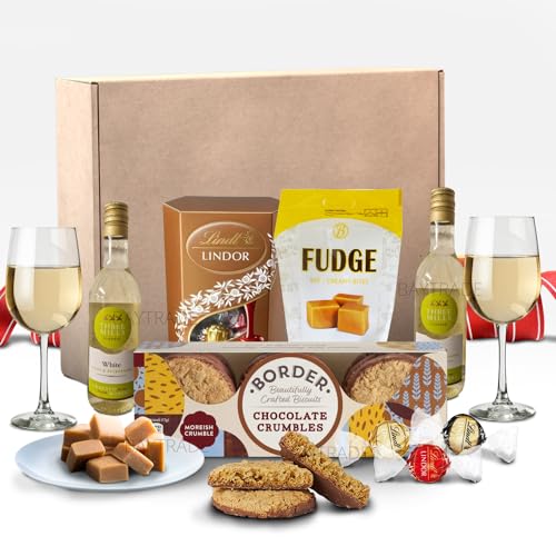 White Wine and Chocolate Gift Set - 2x 18.7ml Wine gifts - Border Biscuits - Chocolate truffles - Fudge Gift Set- Birthday Hampers for Women - Valentines Day - Mothers Day Chocolates Gifts Fathers