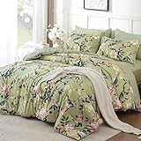 Mybedsoul Floral Queen Size Comforter Set, 7 Pieces Green Botanical Soft Bed in a Bag, Tree Branches & Birds Print Bedding Set with Sheets, Pillowcases & Shams for All Season (90'x90')