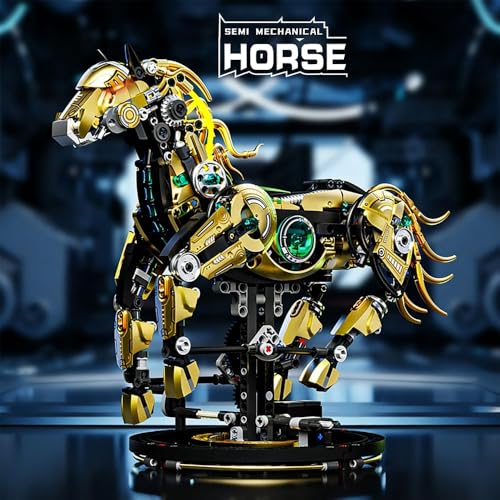 Image of SKY LINE OCEAN Mechanical Horse Building Set with LED Light (1055+ PCS) - Steampunk Robotic Animal Model, Poseable STEM Construction Kit, Compatible Bricks Collectible Display Gift for Ages 14+
