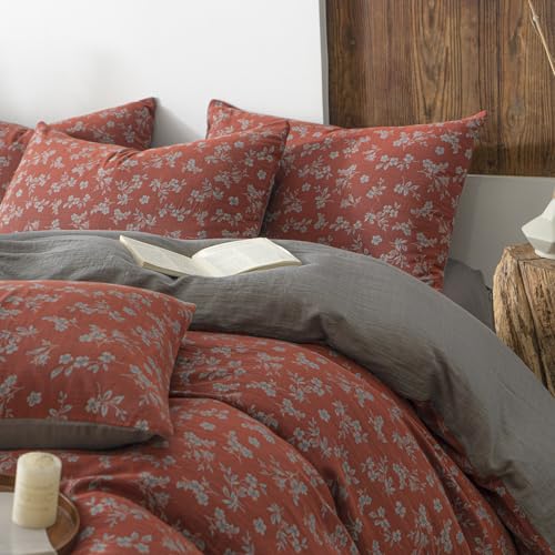 Image of VM VOUGEMARKET Linen Cotton Duvet Cover Set Queen Size,Rust Red Floral Print, Double Layer Gauze, Soft Breathable Bedding Set with Zipper Closure, 3 Pieces (1 Duvet Cover + 2 Pillow Shams)