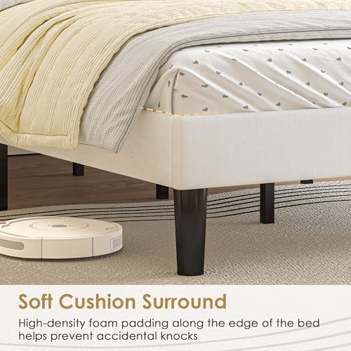 Image of VECELO Twin Size Platform Bed Frame with Height Adjustable Upholstered Headboard, Modern Mattress Foundation,Strong Wood Slat Support, No Box Spring Needed, Easy Assembly,White