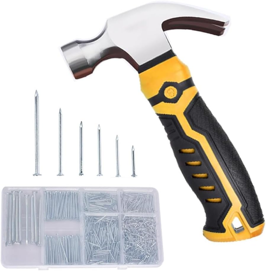 750pcs Nails Assortment Kit and 8oz Claw Hammer, Hammer With Hardware Nails Set for Home, DIY, Camping, Tent Stakes