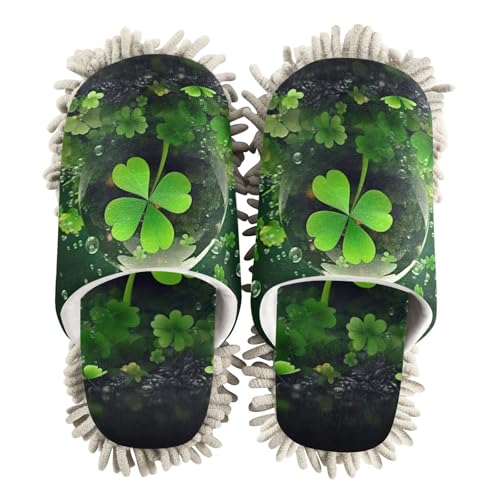 Microfiber Cleaning Slippers St Patricks Clover Washable Mop Shoes Slipper for Men/Women House Floor Dust Cleaner, Size M