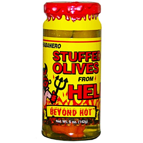 Habanero Stuffed Olives From Hell - Martinis were never so potent. Each queen olive is stuffed with a chunk of habanero pepper to bring out the sinner in every saint.