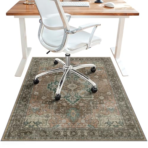36"x48" Office Chair Mat for Hardwood Tile Floor, Under Desk Carpet Protector for Rolling Computer Chair Mat, Machine Washable Area Rug, Anti-Slip 1/5" Thick Low Pile Thin Vinyl Floor Mat, Rosewood