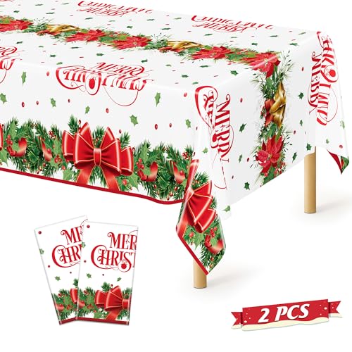 QZYL 2 Pack Christmas Tablecloths, 54" x 108" Xmas Plastic Table Cloth, Poinsettia Holly Bells Design Holiday Disposable Tablecover Rectangle Tablecloth, Christmas Decor Holiday Table Decorations