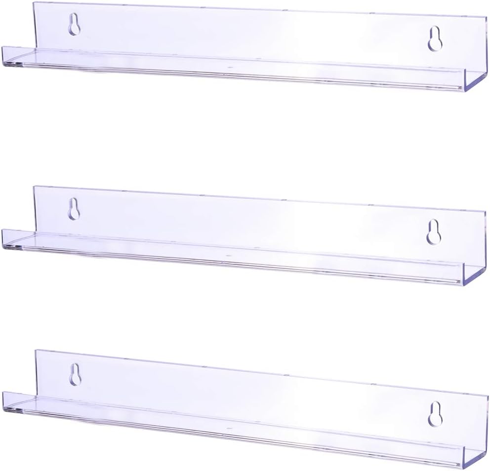 Sooyee 3 Pack 15 Inch Acrylic Invisible Kids Floating Book Shelves for Kids Room,Modern Picture Ledge Display Shelf Toy Storage Wall Shelves,Clear