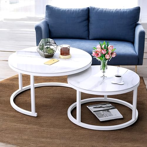 Image of Two-Piece Marble Look Coffee Table Set, top end Side Table, Metal Frame Cocktail Table, Nesting Tea Table, and Home Furniture Size for Living Rooms (White)