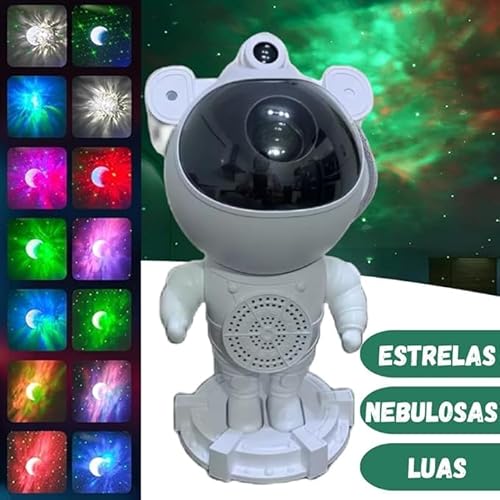 Projetor Astronauta Com Som Bluetooth Robô Luminária De Estrelas Nebulosas Galaxias Lua Luz Noturna