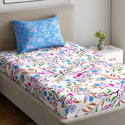 Image of Dreamscape 100% Cotton Bedsheet for Single Bed, 186 TC, 1 Bed Sheet (Size 59 x 87 inches) with 1 Pillow Cover - Blue