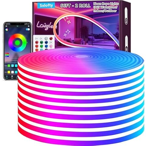 Sxlofty 66FT LED Neon Rope Lights,Control with App/Remote,Flexible Led Rope Lights,Multiple Modes,IP67 Outdoor RGB Neon Lights Waterproof,Music Sync Gaming Led Neon Strip Lights for Bedroom Indoor Cover