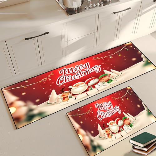 Christmas Kitchen Rugs Sets of 2, Merry Christmas Floor Mats Santa Claus Snowman Reindeer Non-Slip Washable Snowflakes Xmas Rug Doormat Indoor Home Decor,16"x24" + 16"x47" Merry Christmas 03