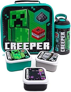 Minecraft Lunch Bag | Kids Creeper Skeleton Enderman 5 Piece School Dinner Bag, BPA Free Water Bottle & 3 Snack Pots | Green Gamer Drink Food Containers