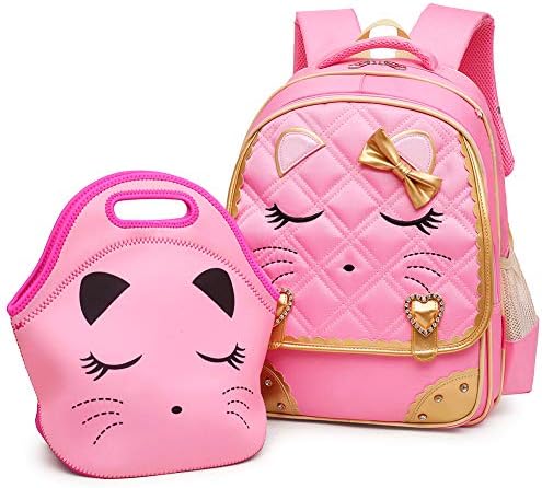 Efree Cute Cat Face Bow Diamond Bling Waterproof Pink School Backpack Girls Book Bag (Large, Pink Set)