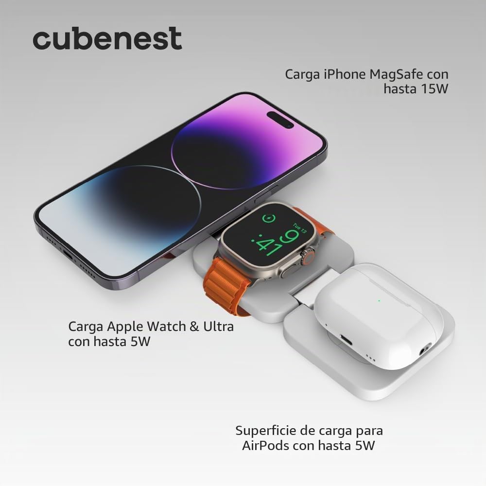 CubeNest Cargador inalámbrico magnético plegable 3 en 1 E310, compatible con MagSafe, compatible con iPhone 12/13/14/15, Apple Watch & AirPods | rotación de 360°, función de carga rápida de 20 W |