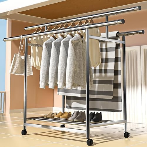 Adjustable Stainless Steel Clothes Drying Rack on Wheels, 360° Rotating Garment Stand with Bottom Shoe Storage, Freestanding Indoor/Outdoor Clothes Rail