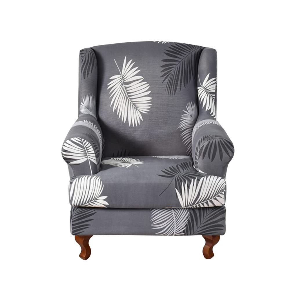 Highdi Grey White Leaves Wingback Chair Covers 2 Piece Stretch Wing Chair Slipcover, Washable Spandex Fabric Sofa Cover Furniture Protector For Strandmon Armchair Chairs Living Room Bedroom (Grey White Leaves)