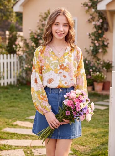 Image of blibean Girls Flower Bell Long Sleeve Blouse Fall Floral Shirts 4-15 Years