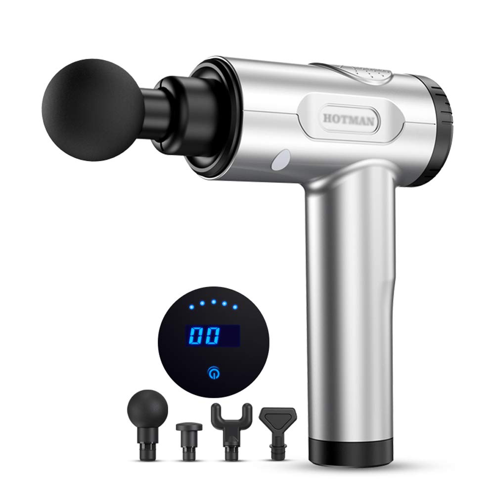 Pistola per Massaggio, Massaggiatore Muscolare Palmare Profondo, 60DB 2100 mAh 20 Pistole A Fascia Regolabile con 4 Teste di Massa, Riduzione Intelligente del Rumore, Sistema di Raffreddamento