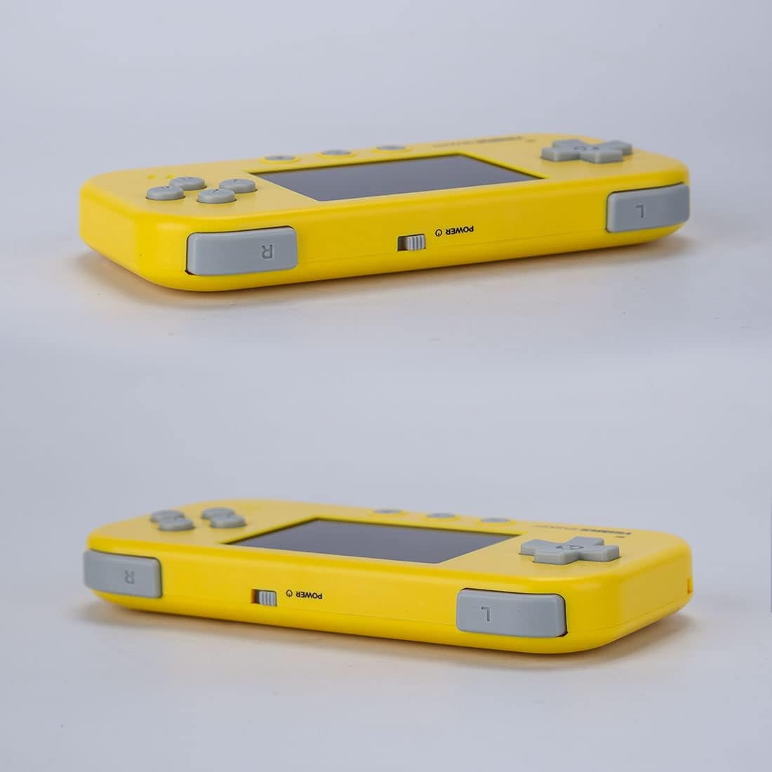 Top view of the TRIMUI Smart console showing the L and R shoulder buttons and the power toggle switch in the center.