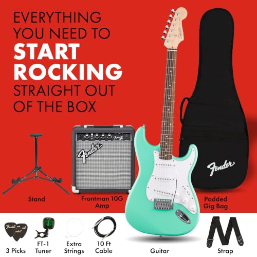 Image of Fender Squier Debut Stratocaster Beginner Electric Guitar Kit Seafoam Green | Complete starter pack with Frontman 10G amp, padded gig bag, strap, free lessons, 2-year warranty included