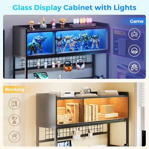Image of L Shaped Gaming Desk with Fabric Drawers and Power Outlet, Corner Computer Desk with LED-Lit Tempered Glass Display Cabinet, L Shaped Office Desk with Storage,PC Desk for Gaming and Home Office, Black