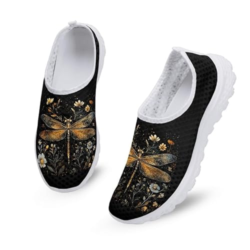 Kuiaobaty Lässige Netz-Turnschuhe für Damen, modische Sneaker, bequeme Laufschuhe, atmungsaktiv, Walking-Tennisschuh, Slip-On-Schuh, Libellen-Blume, 38 EU